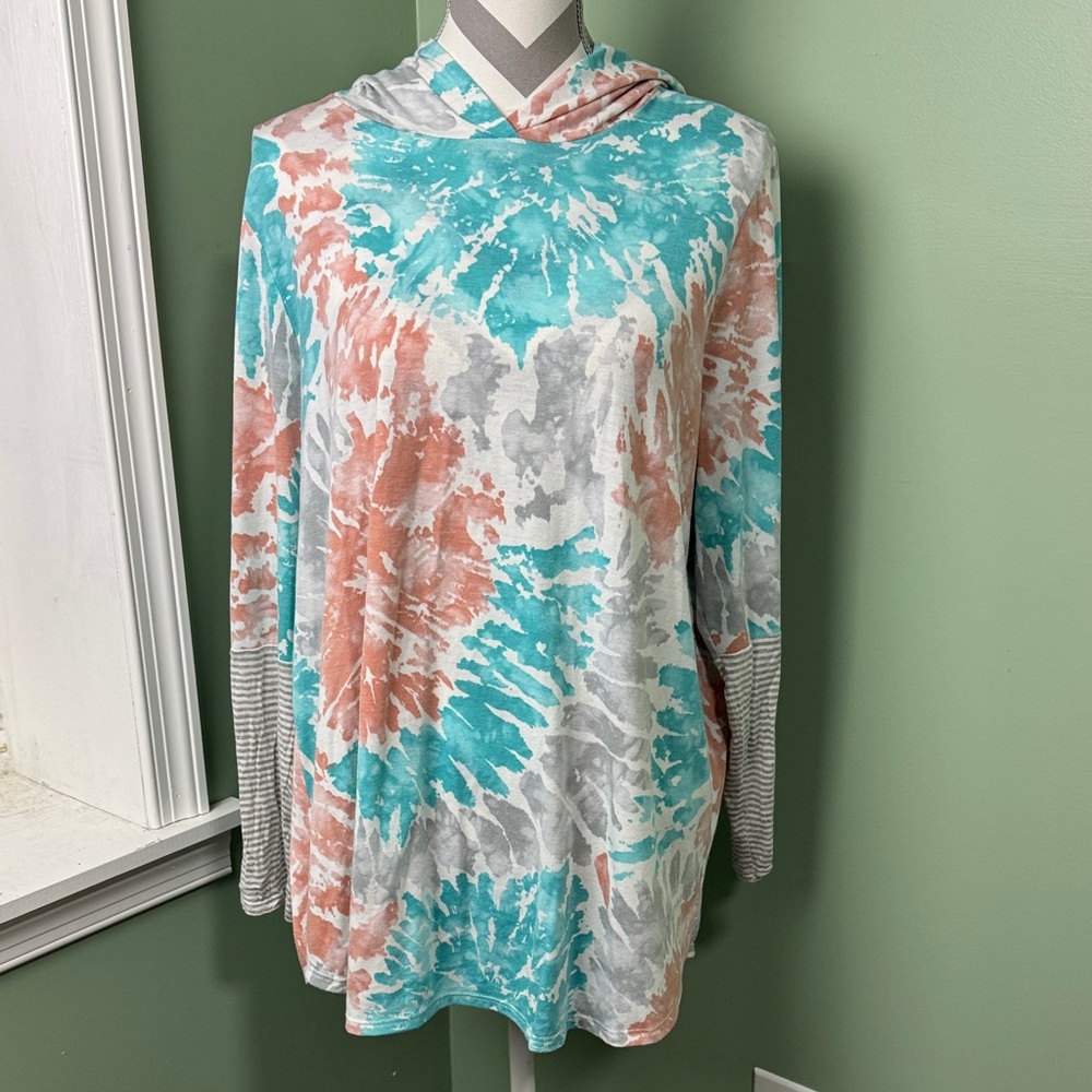 Honeyme curvy Teal and Coral Tie-Dye Hoodie XL